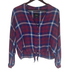 Rails Size Medium Sloane Red Blue Tie Front Cropped Long Sleeve Flannel Blouse